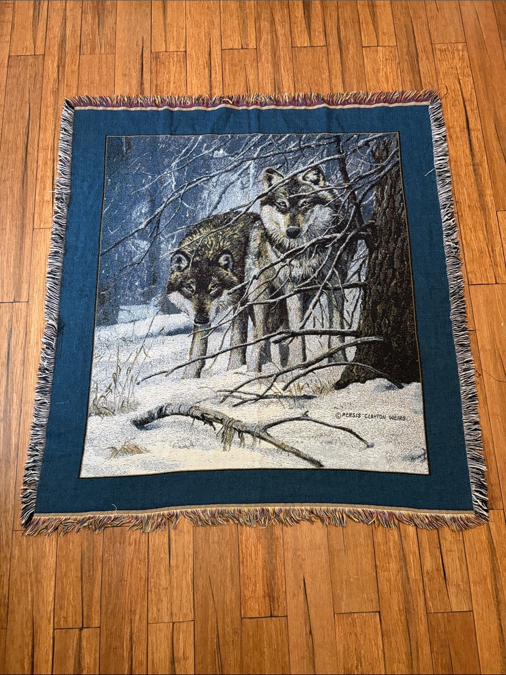 Persis Clayton Weirs Winter Wolf Tapestry Woven Blanket Throw 52"x56" Vintage